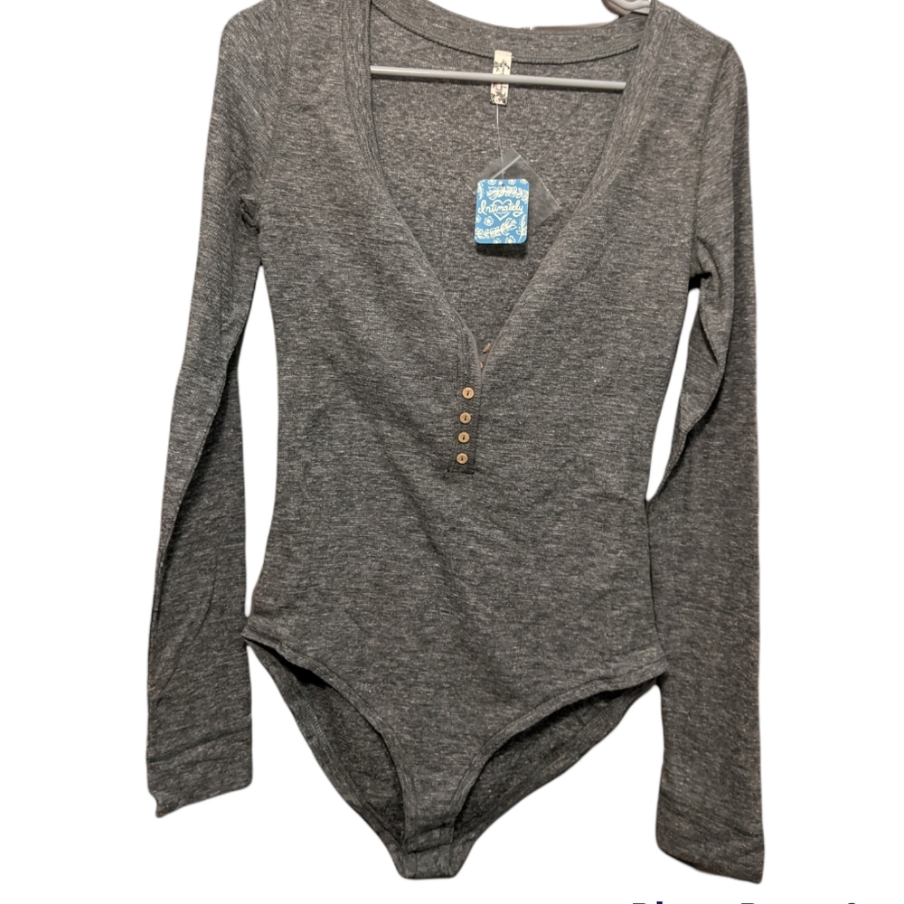 Free People Dylan Thermal Henley Bodysuit Ribbed Knit Dark Gray Long Sleeve - Picture 3 of 12
